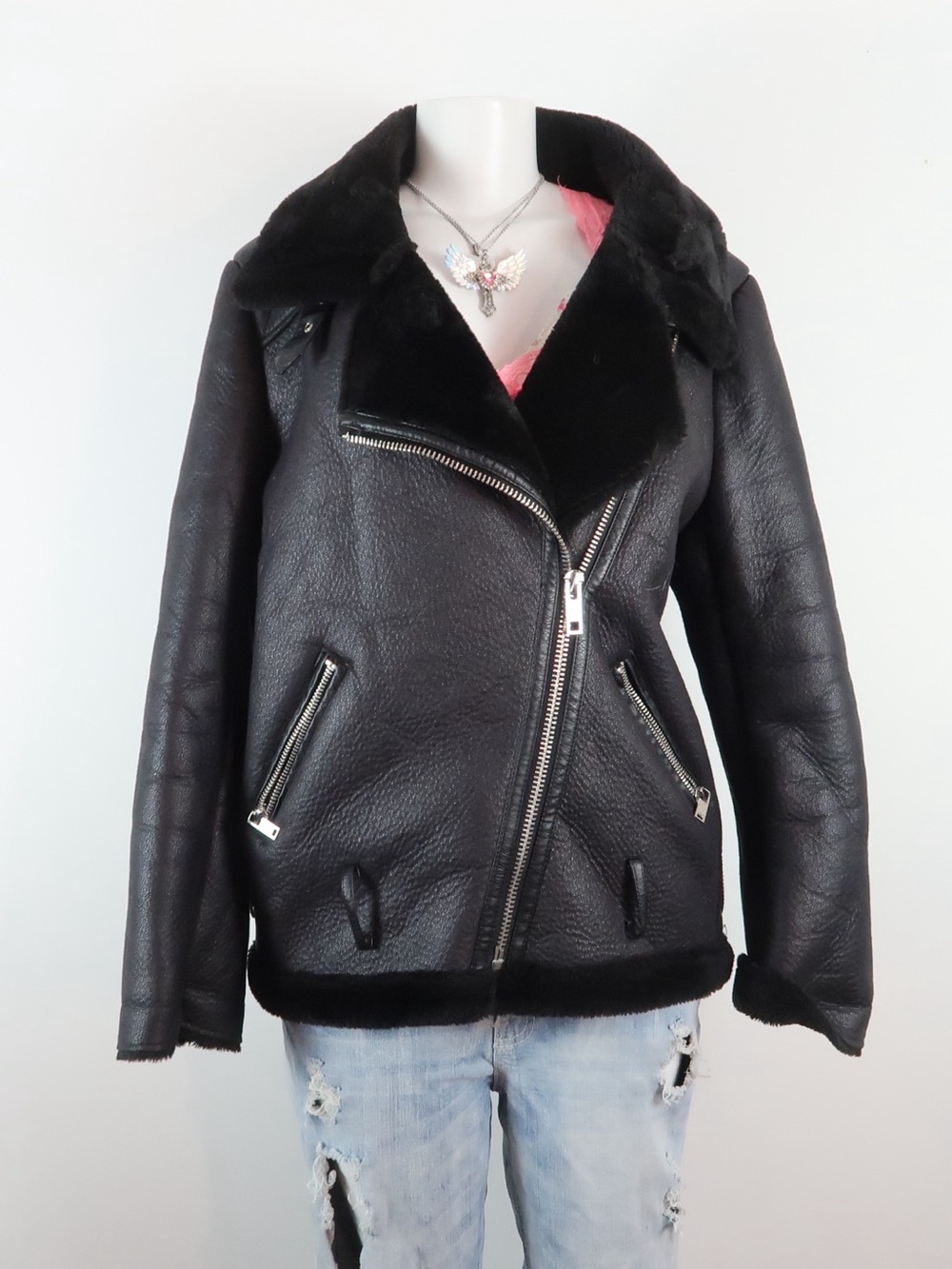 Zara Black Faux Shearling Moto Jacket with Zip Details